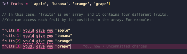 screenshot showing an array of fruits
    in javascript