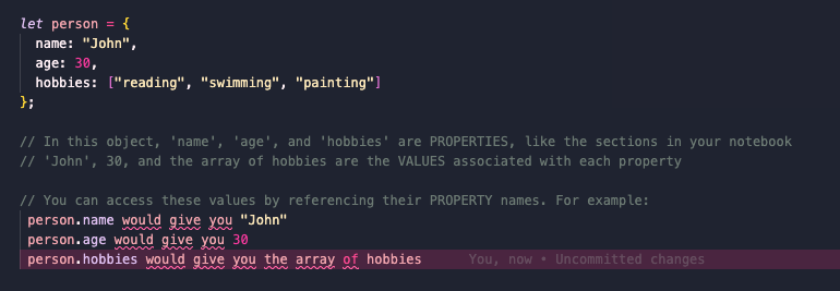 a screenshot showing an object in javascript, detailing a person with properties name, age, and hobbies